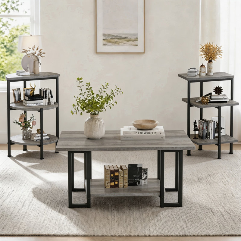 3 Pieces Faux Marble Coffee Table Set, Include 1 Coffee Table And 2 End Tables, Modern End Table With Storage Shelf, Metal Cocktail Table, Sofa Side Coffee Table For Home, Apartments, Living Room, Bedroom, Office