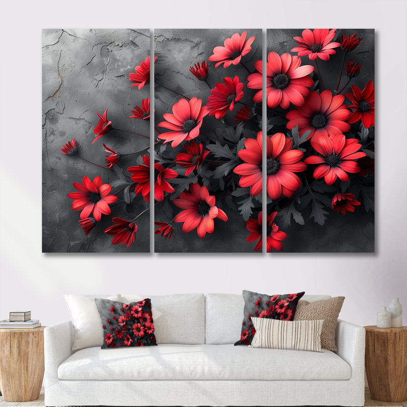 Monochromes rouges et noires marguerites photo III - marguerites ensemble d'art mural, Toile tendue