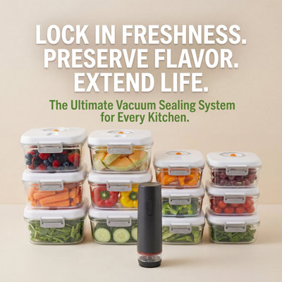 12+1 Vacuum Seal Food Storage Containers Set, Leakproof, Freshness, Bpa-free Kitchen Organizers, Ideal For Fruits, Veggies, Meats, Leftovers, Dishwasher Safe (0.6lx3+1.5lx3+1lx3+2lx3+pumpx1)