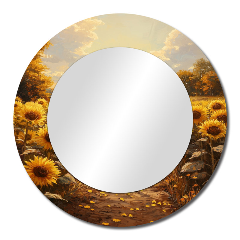 Tournesols le long de la ferme I - décoration murale miroir traditionnel - imprimé sur métal, 23 po x 23 po