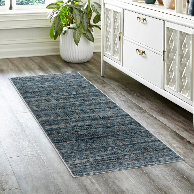 Tapis d'intérieur en polyester rayé bleu gris Miesner Dario, Tapis de couloir 2 pi 2 po x 7 pi