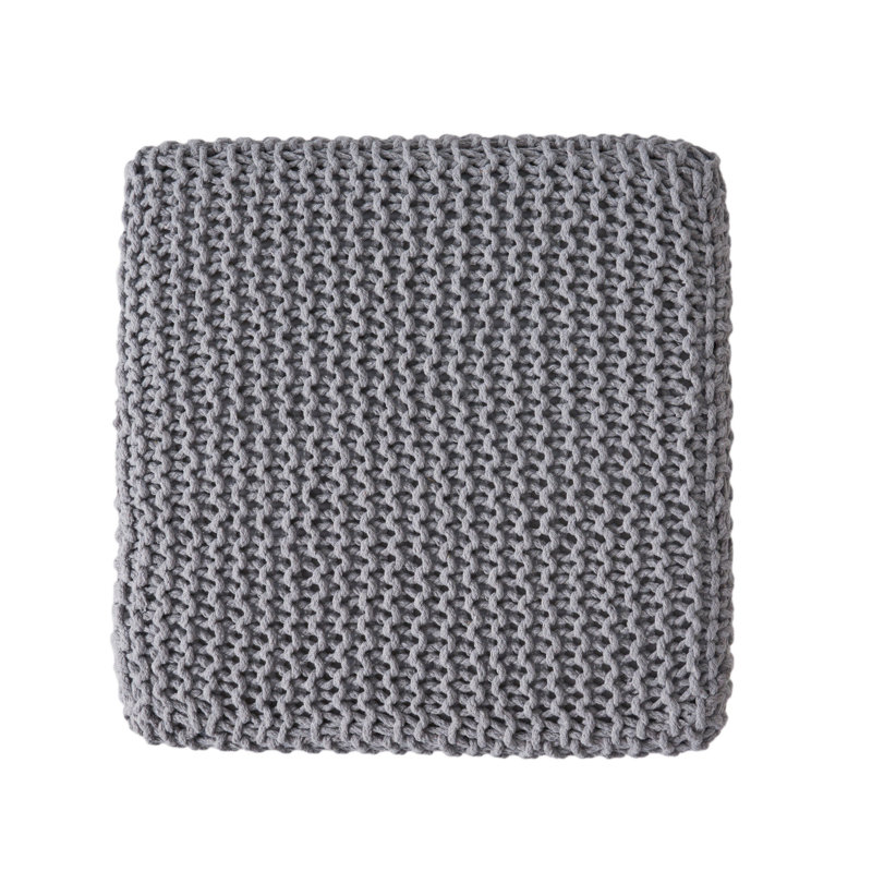 Square Knitted Footstool Ottoman, Handwoven Design 17 Inch Gray Cotton