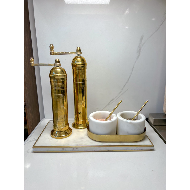 Marble Salt And Pepper Set With Gold Base And Spoons