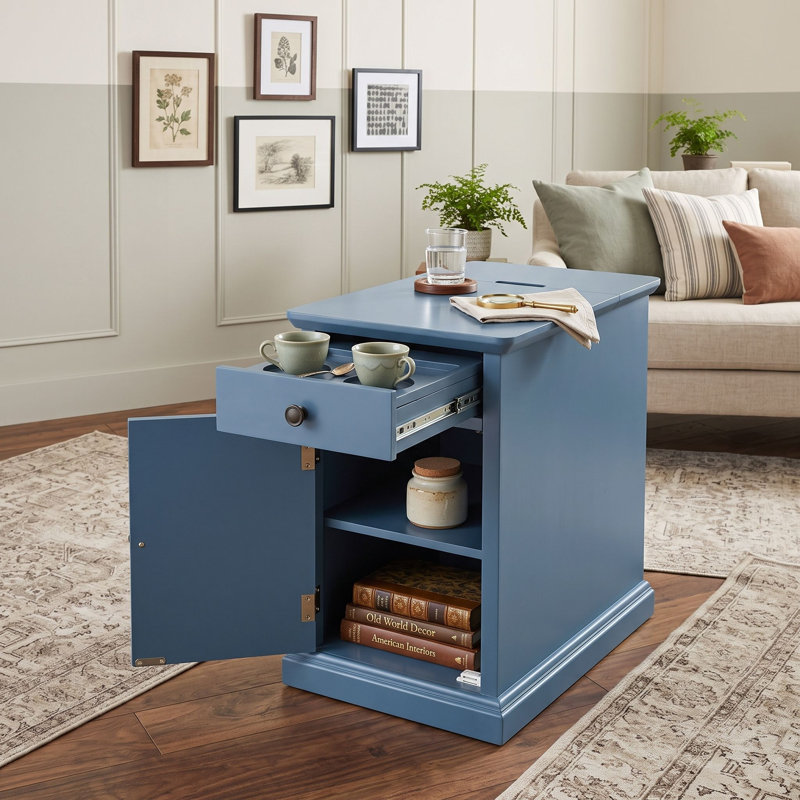 Table de bout classique avec ports de charge, tiroir de rangement et porte-gobelets Classic, Bleu marine antique