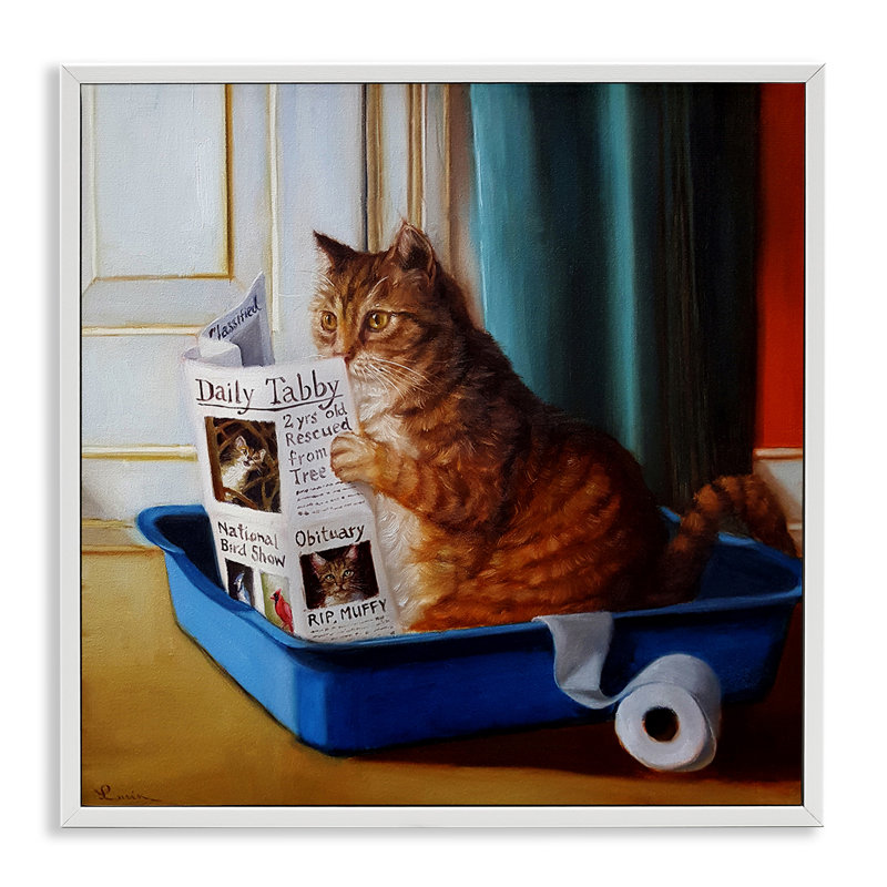 Litière lisant un chat amusant par Lucia Heffernan - Peinture, Giclée encadrée blanc bord de mer, H 24 po x l 24 po