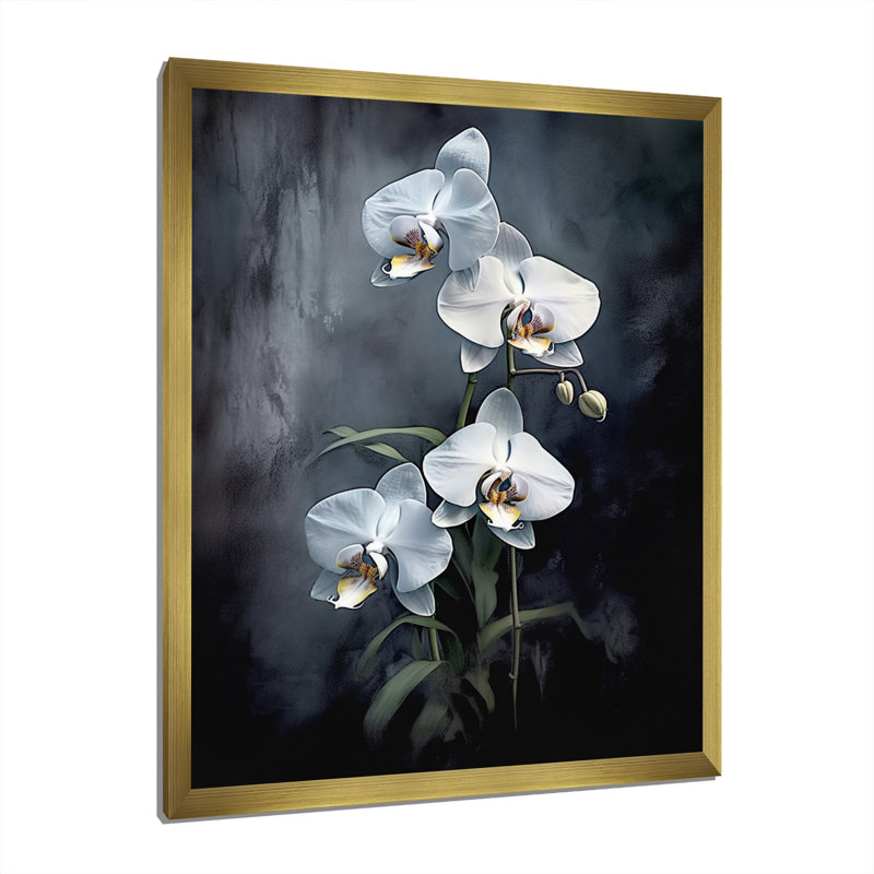 Orchidées exotiques blanches et blanches I sur toile, Cadre photo doré simple, H 44 po x l 34 po x P 1,5 po
