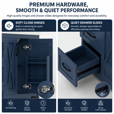 Meuble-lavabo de 36 po bleu marine, armoire de salle de bain autoportante avec lavabo en céramique, portes en forme de X, 4 tiroirs de rangement, tablettes de porte, tablette réglable, barre à serviettes réversible