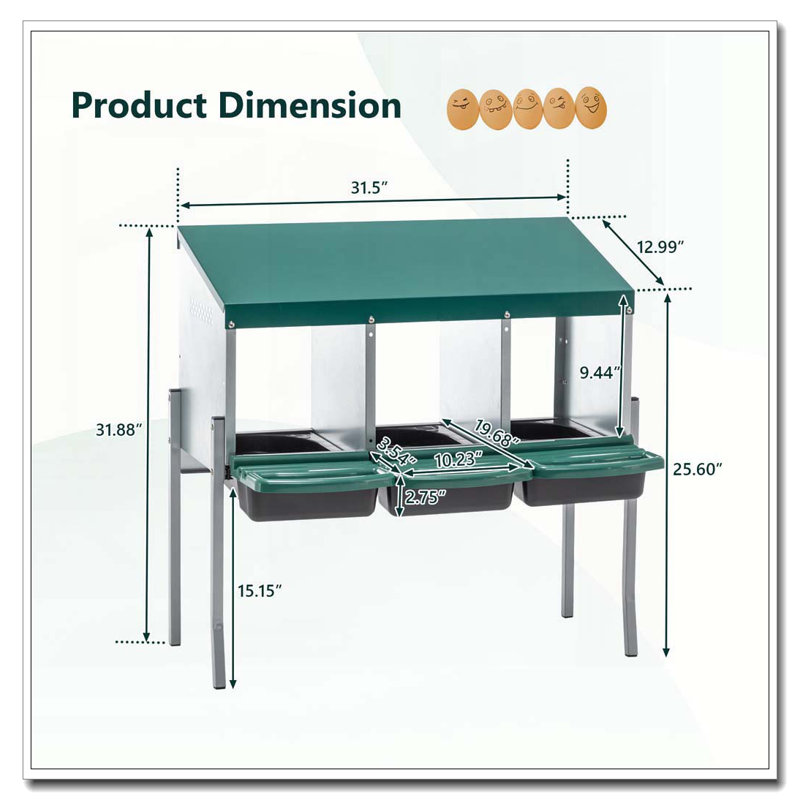 Boîtes de nidification pour poulets, boîtes de nidification de poulet à 3 trous avec pattes, boîte de ponte avec couvercle, pour la cour extérieure de poulailler, vert