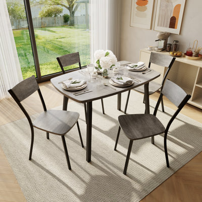 Ensemble de table de salle à manger 5 pièces pour 4, ensemble de table de cuisine et chaises de 43 pouces, ensemble de 4 tables de salle à manger en panneau de fibres à densité moyenne avec coins arrondis, pieds en tube d'acier, peu encombrant pour petit appartement