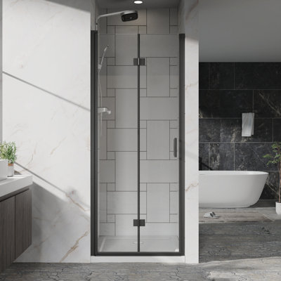32 po x 72 po Porte de douche pivotante en verre pliable sans cadre 1/4 de pouce (6 mm) Panneau de douche pivotant en verre trempé transparent au fini noir, installation réversible