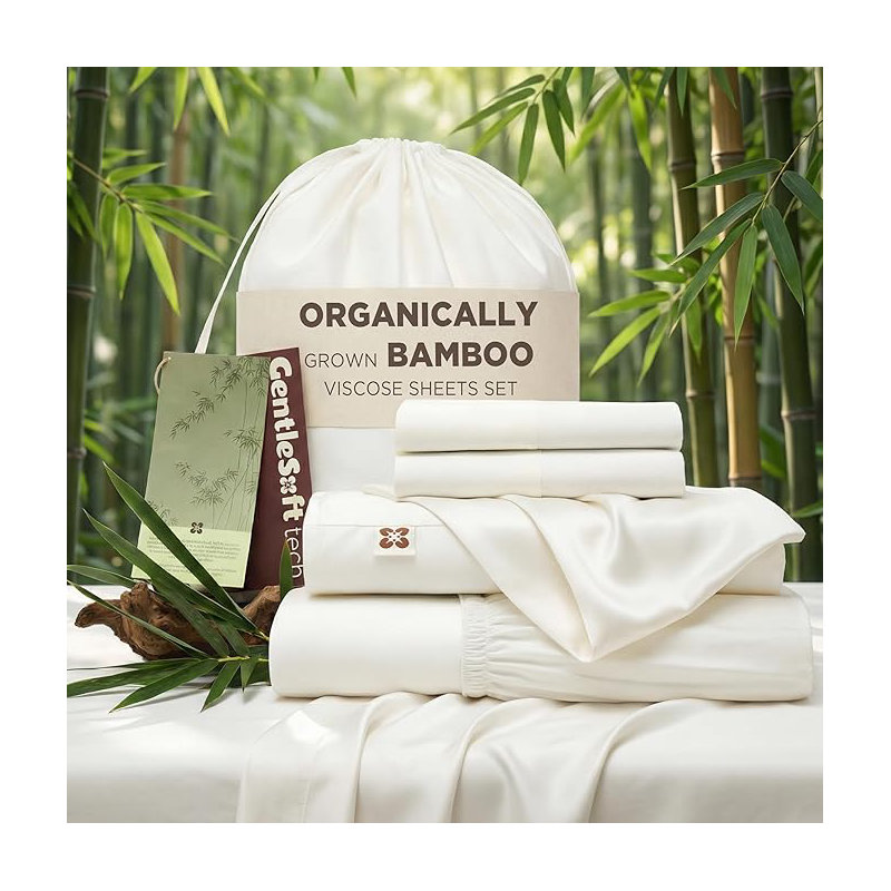 Bedsure 100% Organically Grown Bamboo Viscose Sheets - 18 Inches Deep Pocket Sheets With Elastic Corner, Queen Sheet Set, Ultra-Soft, Silky & Cooling Bedsheets, Oeko-Tex, 4 Pieces, Ivory
