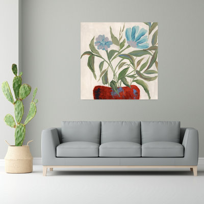 Blue Flowers Red Pot Rustic Abstract Nature Plant Wall Art