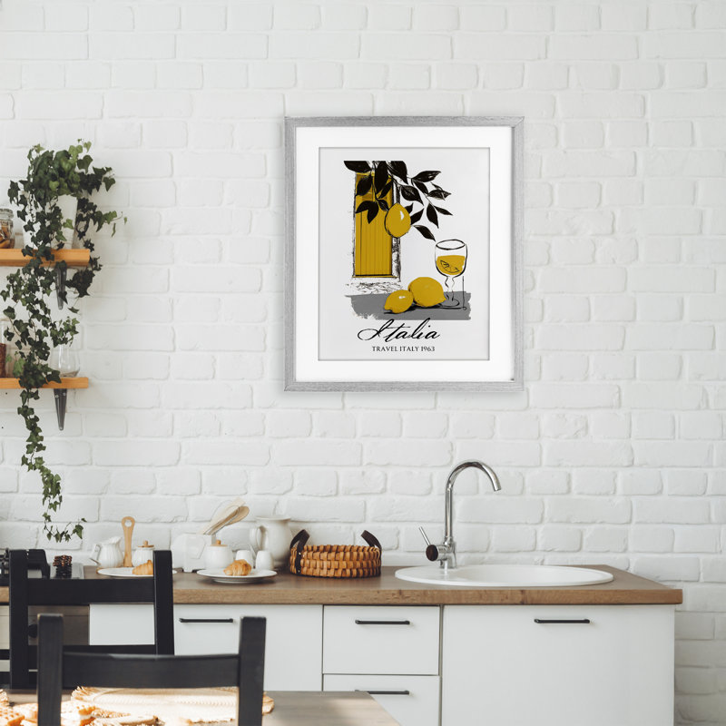 «Travel Italia Lemons», reproduction sous verre encadrée, design par Annabelle Hall, H 21 po x l 17 po, Cadre de ferme gris