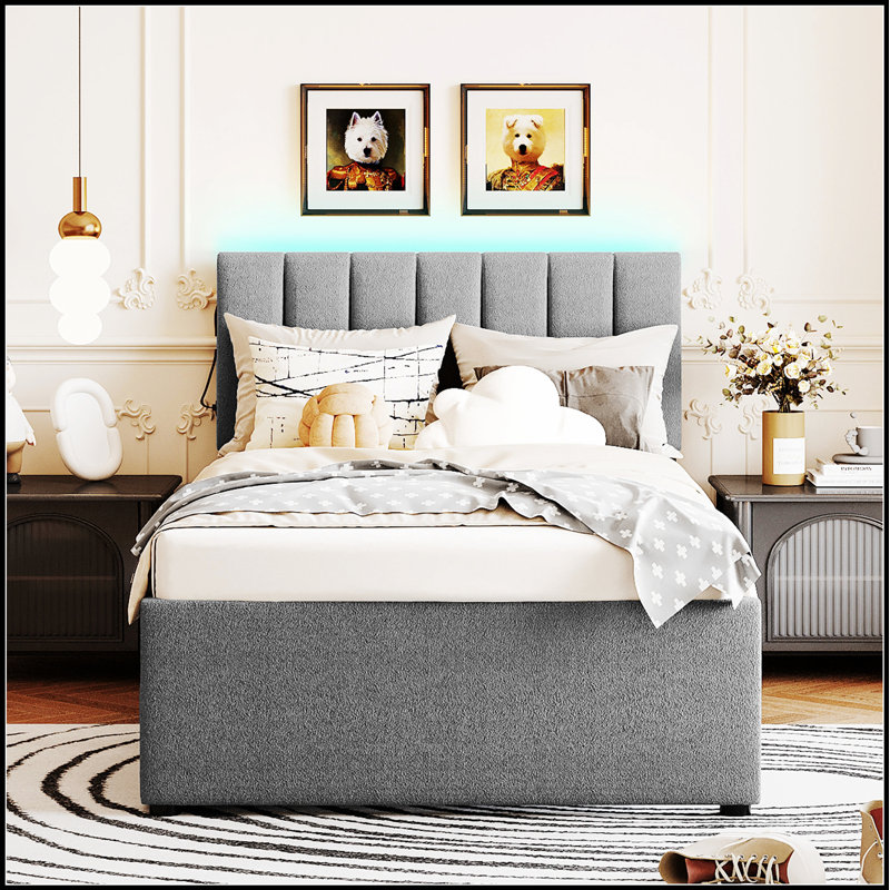 Lit plateforme tapissier Teddy, Gris
