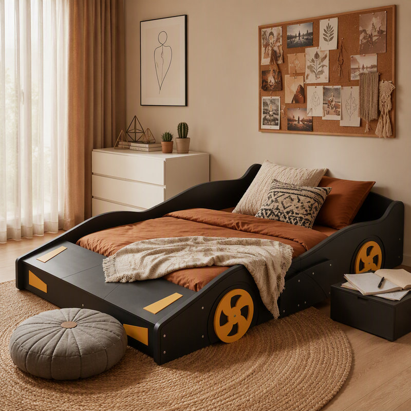 Lit plateforme pleine grandeur en forme de voiture de course avec roues et rangement, Noir, Double