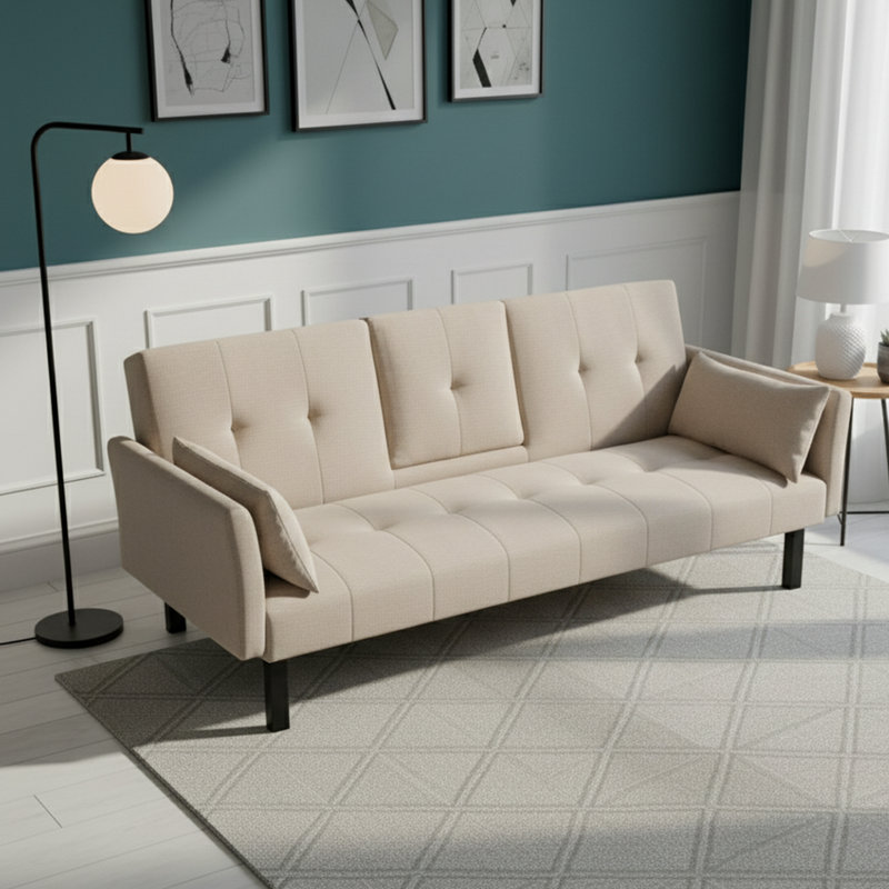 Canapé-lit 70 po en lin et coton convertible avec porte-gobelets et poches de rangement latérales, beige, Beige