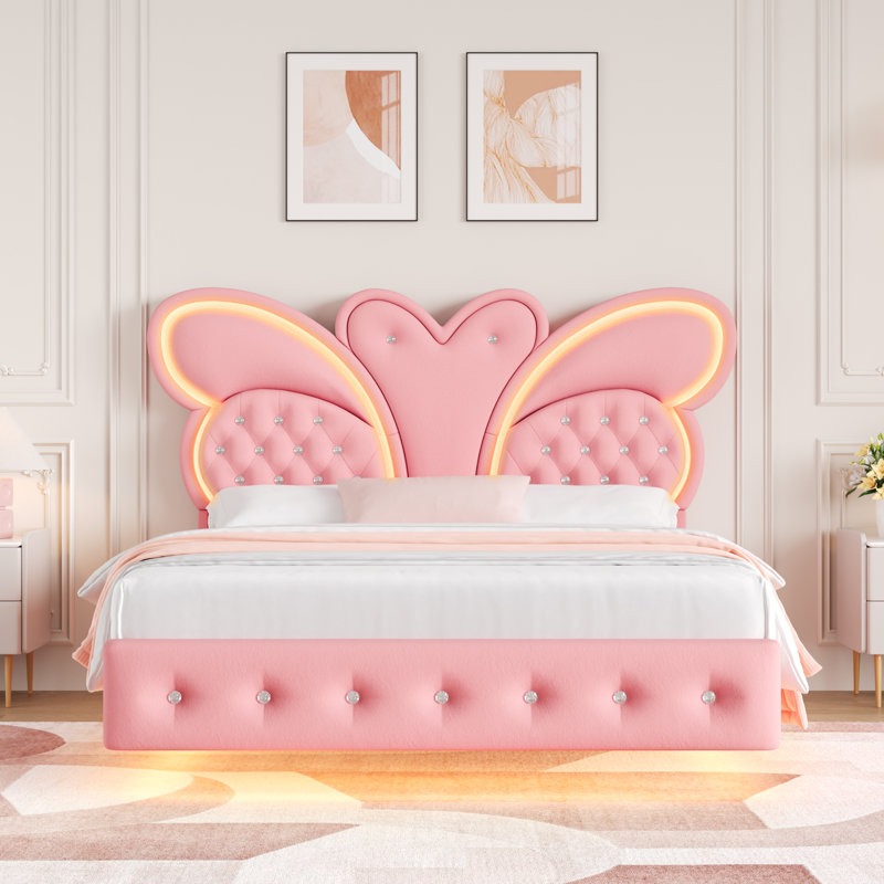 Butterfly Velvet Floating Bed with LED Light , Full, Pink