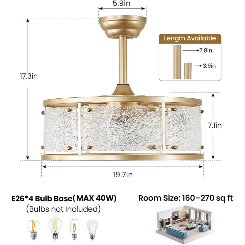 20" Caged Ceiling Fans With Lights, Gold Fandelier Ceiling Fan With Light, Mid Century Chandelier Ceiling Fan With Remote Control, 6 Speeds For Bedroom, Nursery, Living Room