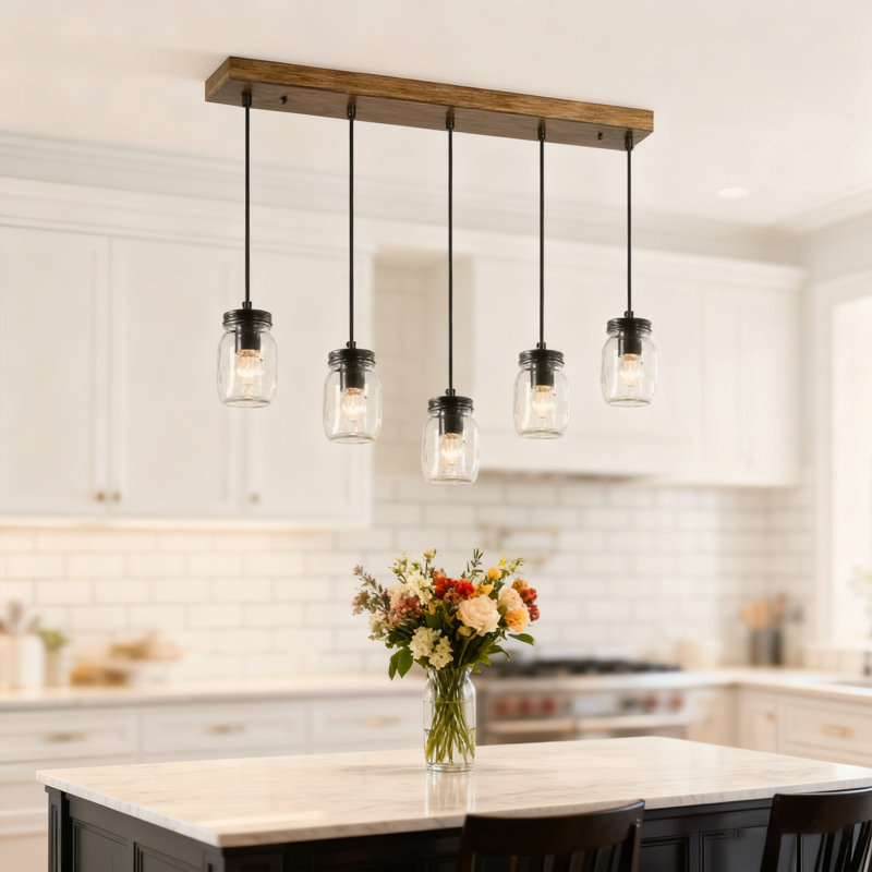 Suspension à 5 lumières en faux bois avec pot en verre pour îlot de cuisine