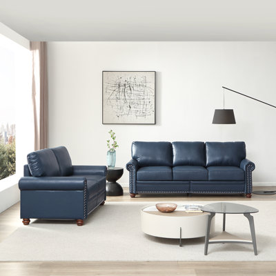  2-Piece Modern Living Room Furniture Set, 3-Seater Sofa and Loveseat with Hidden Storage & Nailhead Trim, Navy Blue