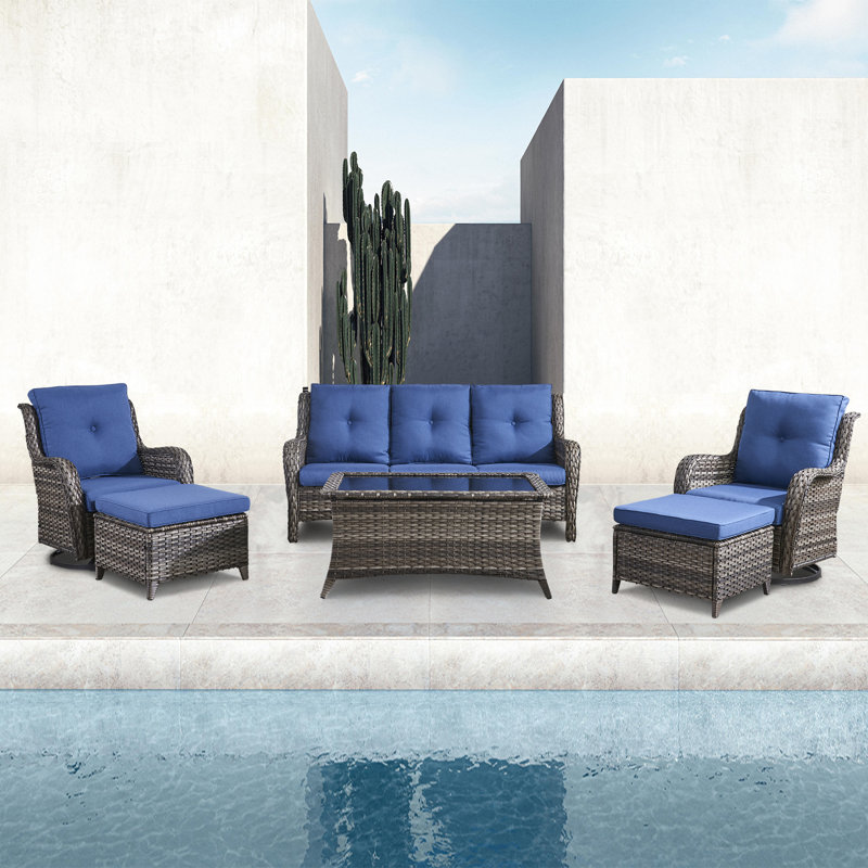 Wicker 5 - Person Patio Conversation Set with Cushions, Blue, Gray