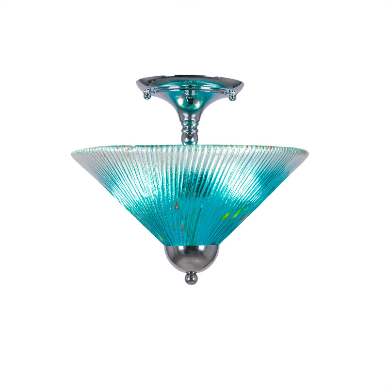 Semi-Flush 2 Bulbs With 12" Glass, Teal, Silver