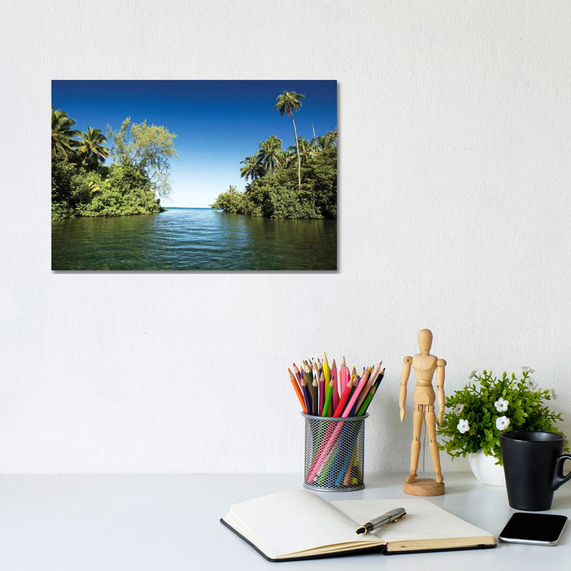 Palm Trees On The Coast, Moorea, Tahiti, French Polynesia - Wrapped Canvas Print, 20.32 cm H x 30.48 cm W