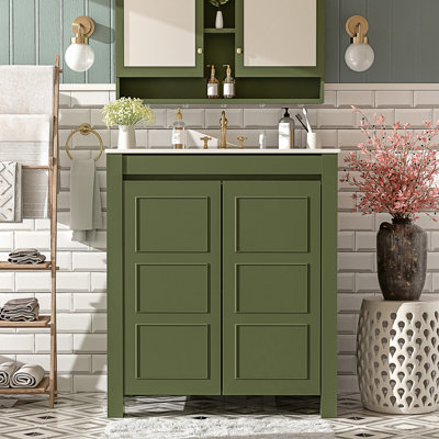 Meuble-lavabo Farmhouse avec lavabo en céramique, porte à fermeture douce, tablette réglable