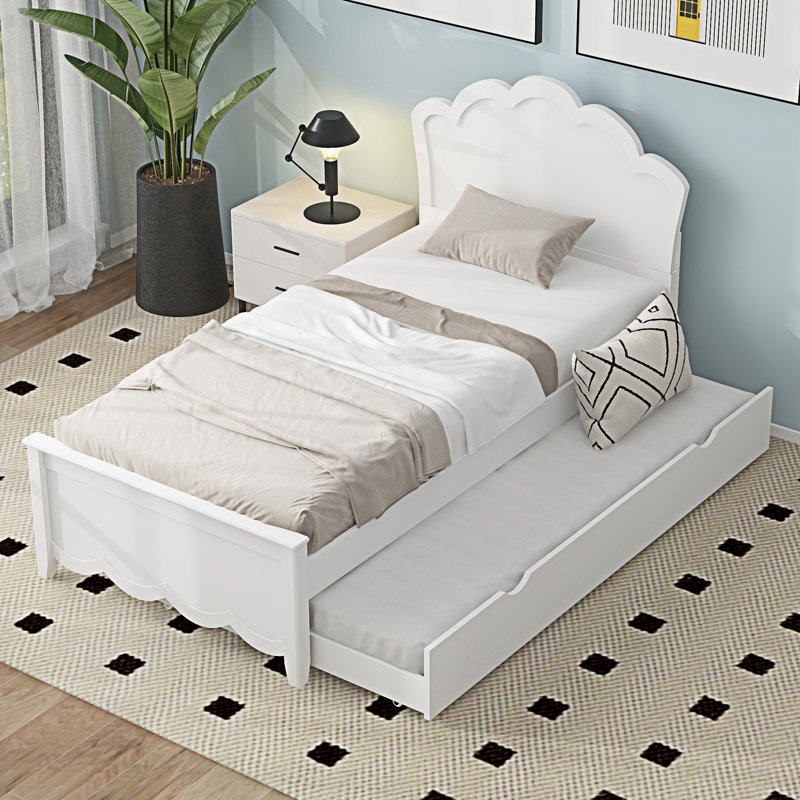 Lit plateforme en bois avec tête de lit et lit gigogne, Lit simple