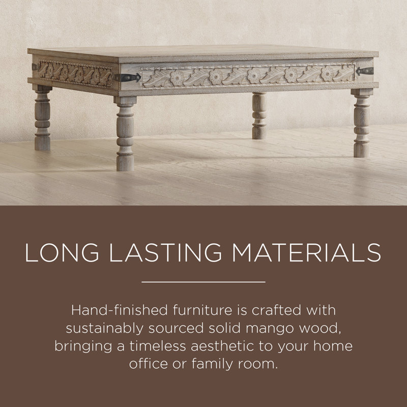 Emin Natural Mango Wood Rectangular Coffee Table with Carved Details