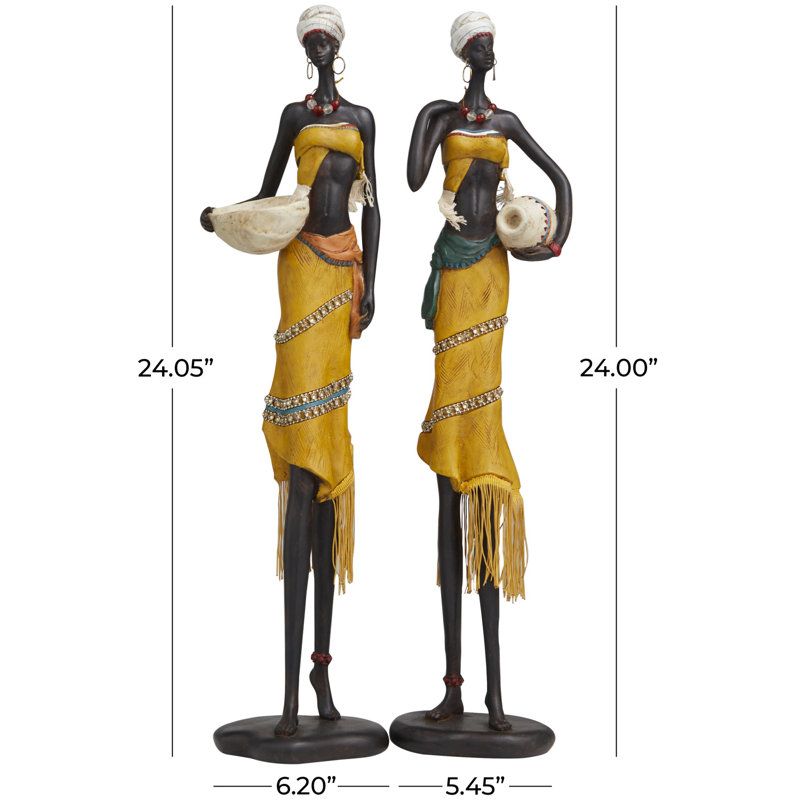Yellow Polyresin Woman Handmade African Decorative Sculpture with Water Jugs and Jeweled Details, Set of 2