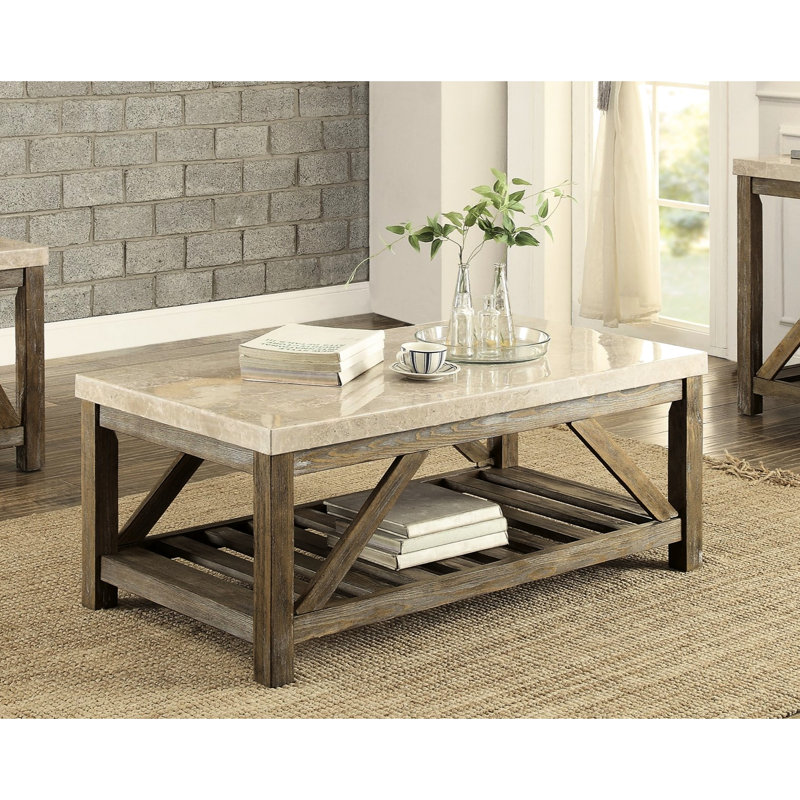 Table basse industrielle en bois avec plateau en marbre et tablette de rangement inférieure