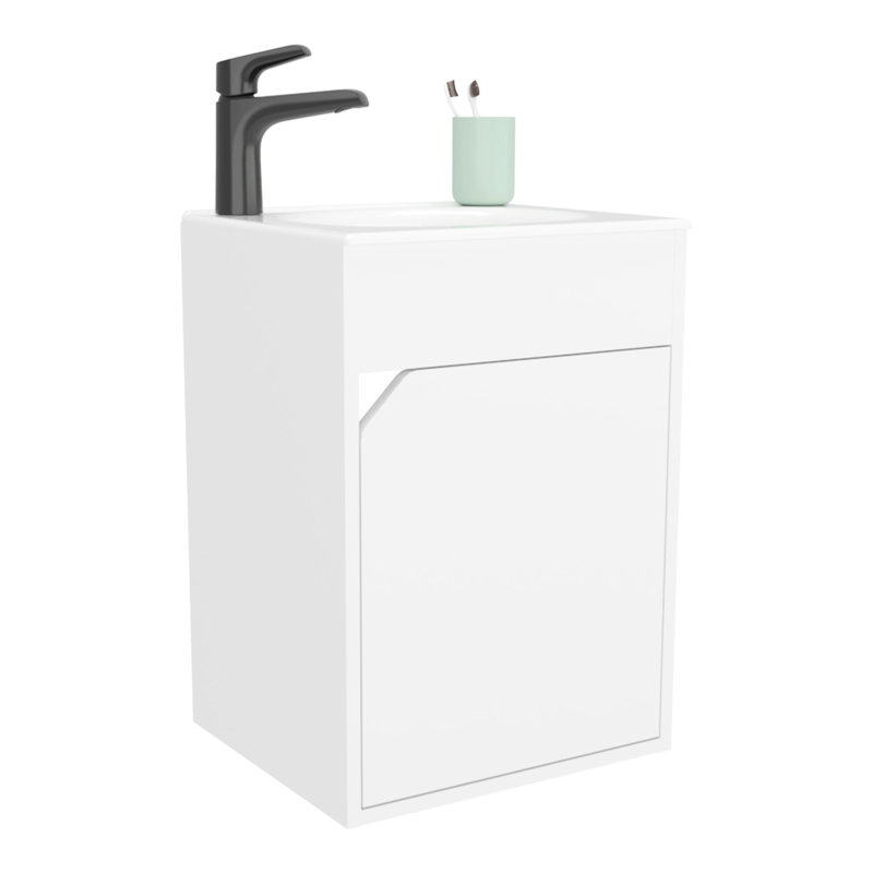 Meuble-lavabo flottant blanc avec porte simple à fermeture en douceur et charnière européenne, panneau de particules rectangulaire moderne, porte de 21,6 po x 15,6 po x 12,6 po, conception épurée, matériau, hauteur de 11 po, largeur de 26 po, 19 po