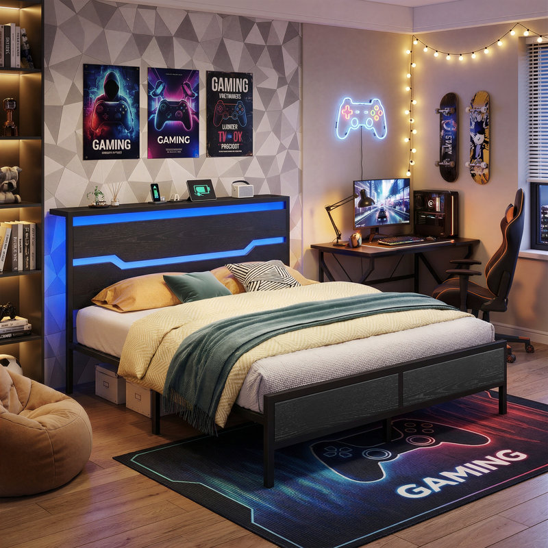 Structure de lit avec charge USB intégrée, conception en métal sans bruit et tête de lit à DEL, Grand lit, Noir