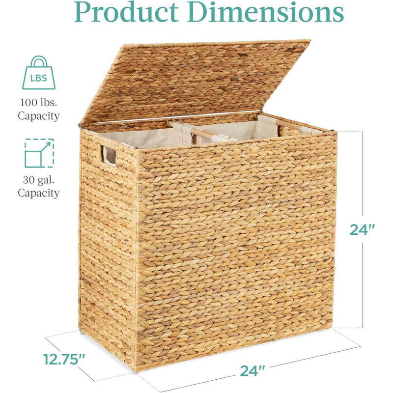 Large Double Laundry Hamper With Lid, Natural Handwoven Water Hyacinth, 2 Sections W/ 2 Machine Washable Linen Liner Bags, Portable, Handles
