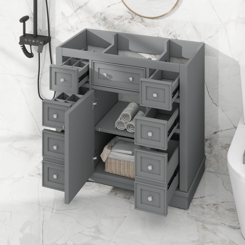 36" Bathroom Vanity Cabinet Base Only, 1 Cabinet And 6 Drawers, Gray