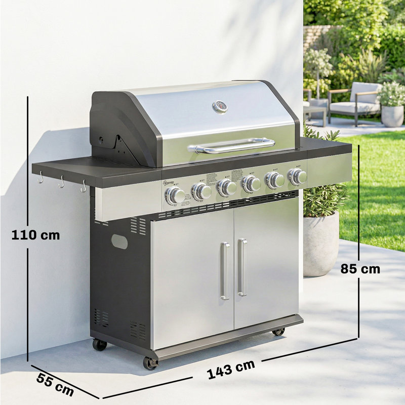 Outsunny 6 - Burner Freestanding, Portable 8500 BTU BTU Gas Grill with Cabinet