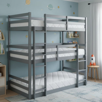 Solid Wood Twin Size Triple Bunk Bed with Ladders, Twin over Twin over Twin Bunk Bed for Boys& Girls