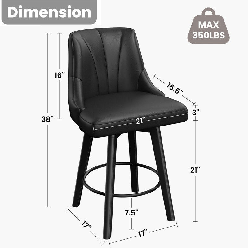 Swivel Bar Stool of 1 / 2, 24" Counter Height Bar Stool with Back, PU Leather Upholstered Counter Stool with Solid Wood Legs for Kitchen, Home Bar