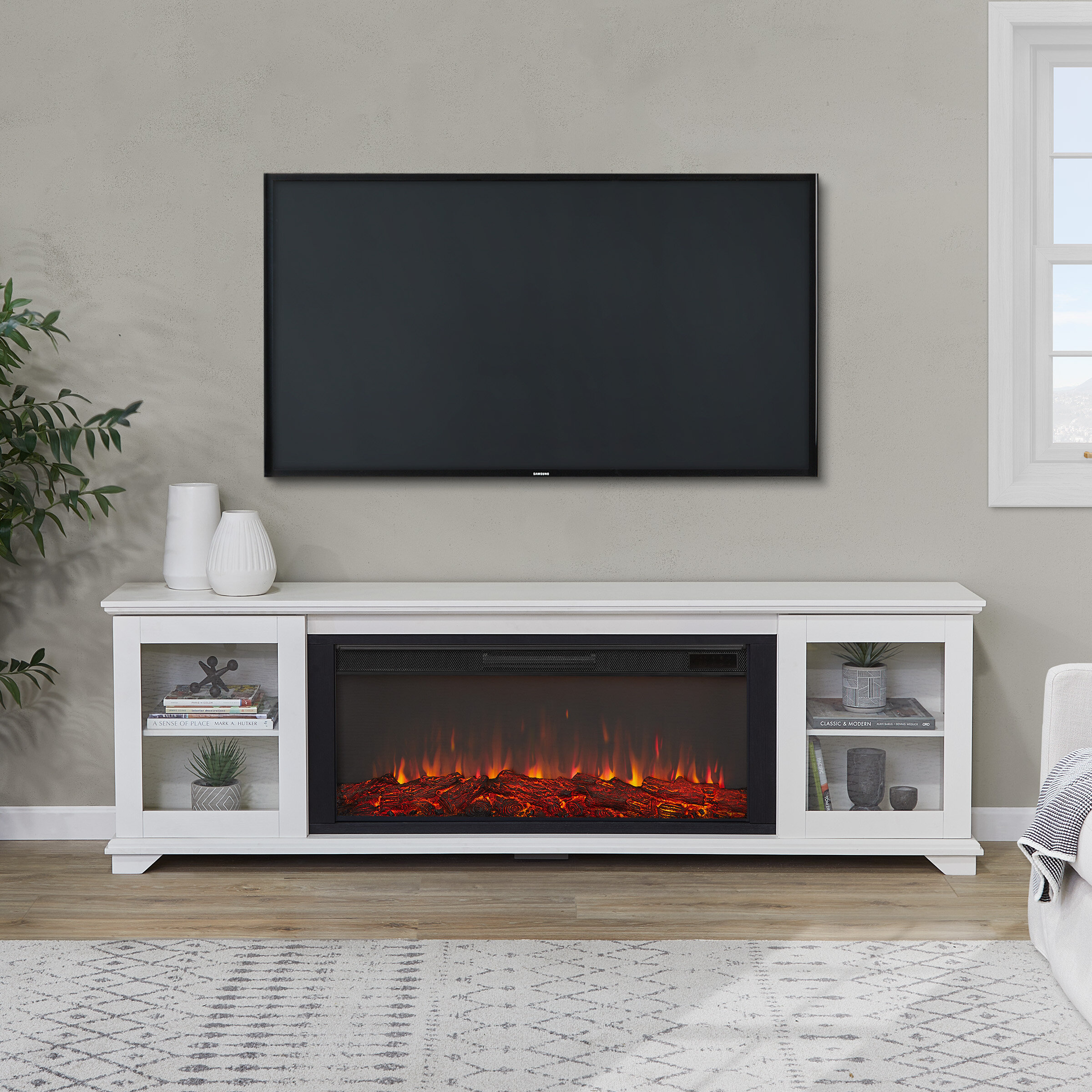 Low tv deals stand with fireplace