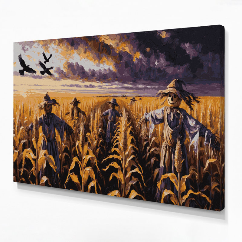 Art mural d'Halloween, champs de maïs et épouvantails noirs, H 11 po x l 14 po