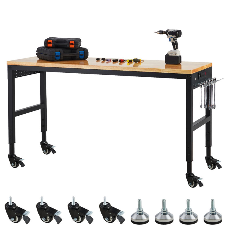 Établi ajustable 60 pi x 22 pi, capacité de charge de 2 000 lb, table de travail de garage de 29,5 po à 38,4 po de hauteur avec roues universelles et prise de courant, table robuste pour atelier commercial à domicile