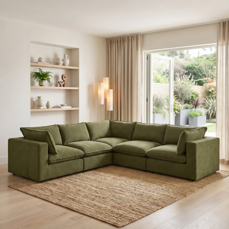 Alexa Upholstered Linen-Look Fabric Modular Sofa - Cozy Modern Design, Green, 4 Seat Sofa