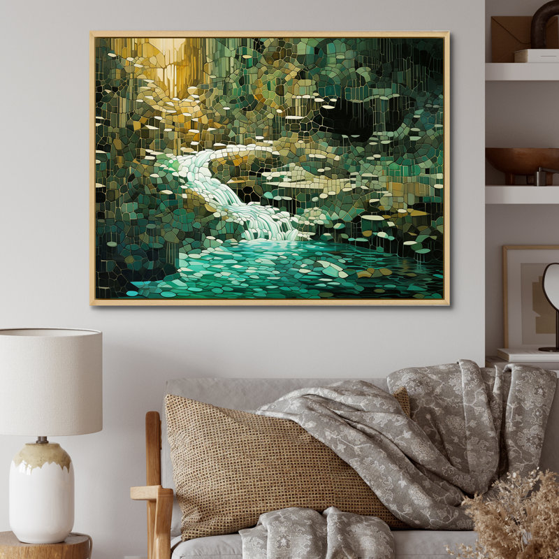 Abstrait forêt émeraude sauvage - impression, H 30 po x l 40 po x P 1,5 po, Cadre flottant brun