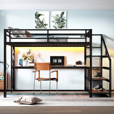 Queen Metal Loft Bed with Desk, Storage Stairs, LED Lights & USB Ports, Noise-Free, Space-Saving, Black