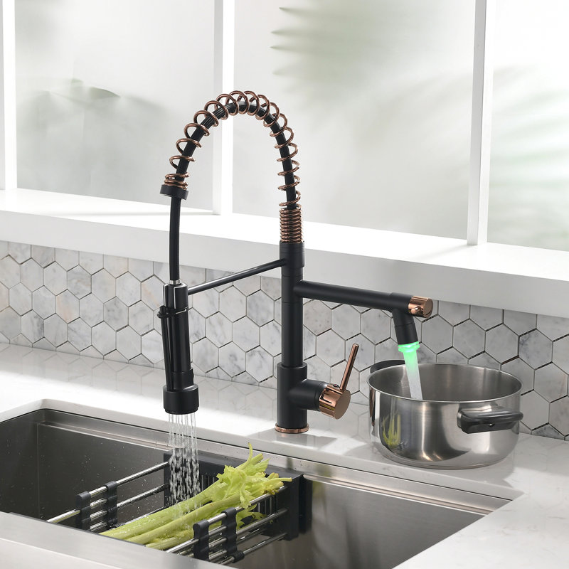 Pull Down Kitchen Sink Faucet, Black And Gold, Single Handle, To Corrosion Finish, Black/Warm Gold
