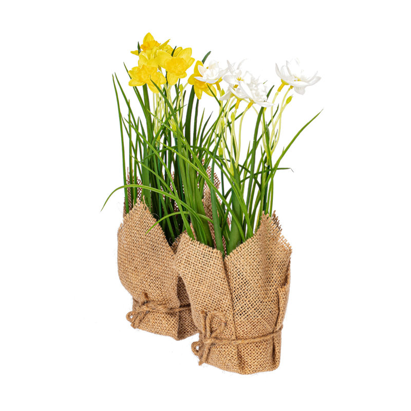 10'' Yellow and White Artificial Daffodil Burlap Potted Arrangement