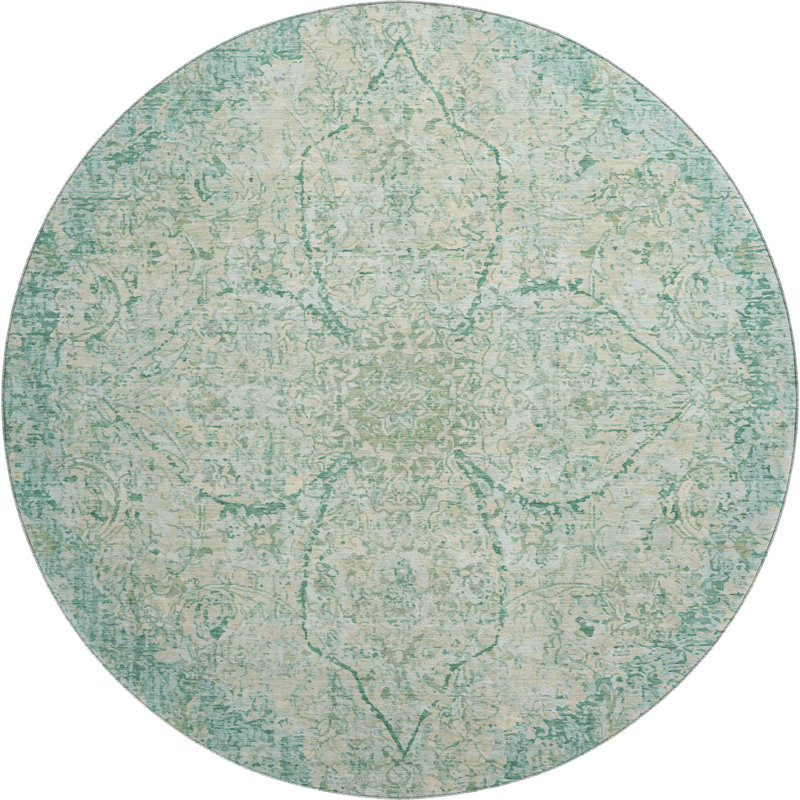 Premium Machine Washable Mayfield AMF2136 global Rug, Teal, 8' Round