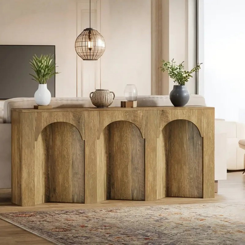 Farmhouse-Style 63" Narrow Sofa Console Table | Engineered Wood With Rustic Oak Finish | Scratch-Resistant & Industrial Metal Legs | Versatile For Entryway, Hallway, Living Room | Space-Saving Design With Arched Shape & Arch Cutouts | Easy Assembly, Hallw