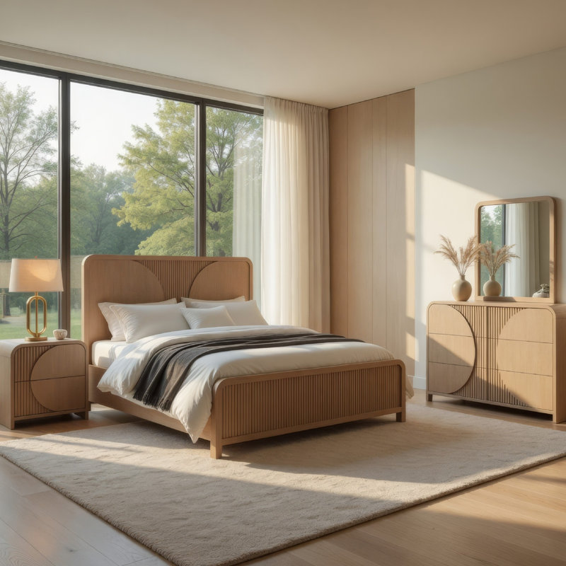 Ensemble de chambre avec grand lit 4 pièces Tanya, miroir de commode, brun naturel Reeded